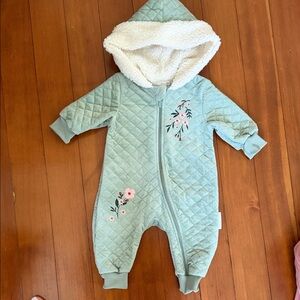 Tahari Sage Green Quilted Baby One-Piece with Floral Embroidery